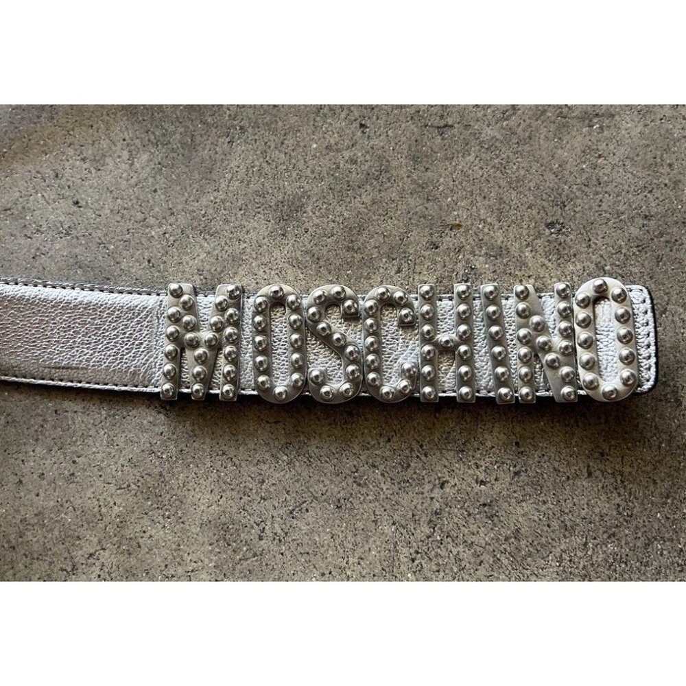 MOSCHINO Silver Embellished Logo Lettering Belt Leather Women’s Sz 44 Italy Made